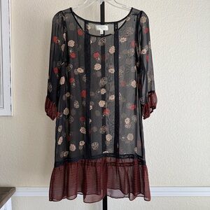 Anthropologie Dress Floral Knee Length Sheer Black Red Holiday Women’s Small